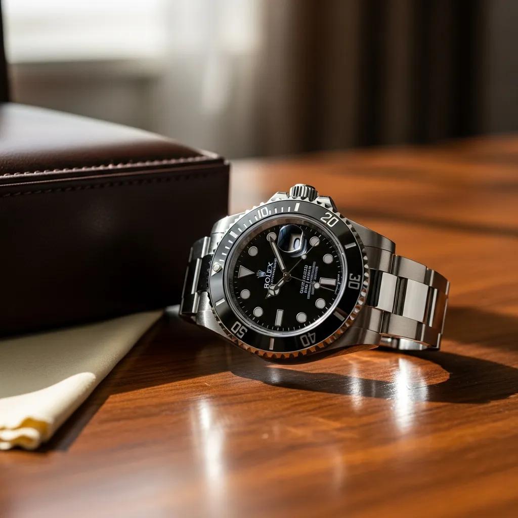 Luxury Rolex Submariner No Date watch on a wooden surface, emphasizing craftsmanship and design