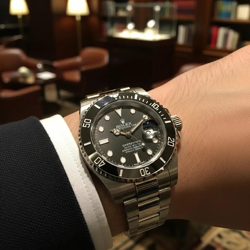 Luxury Rolex Submariner replica on wrist, showcasing elegance and sophistication