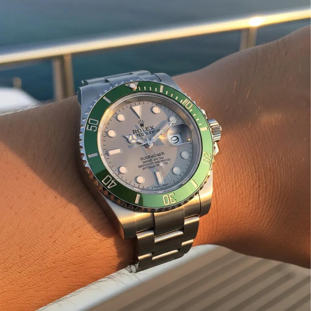 Luxury Rolex Submariner replica watch on wrist, emphasizing craftsmanship and elegance