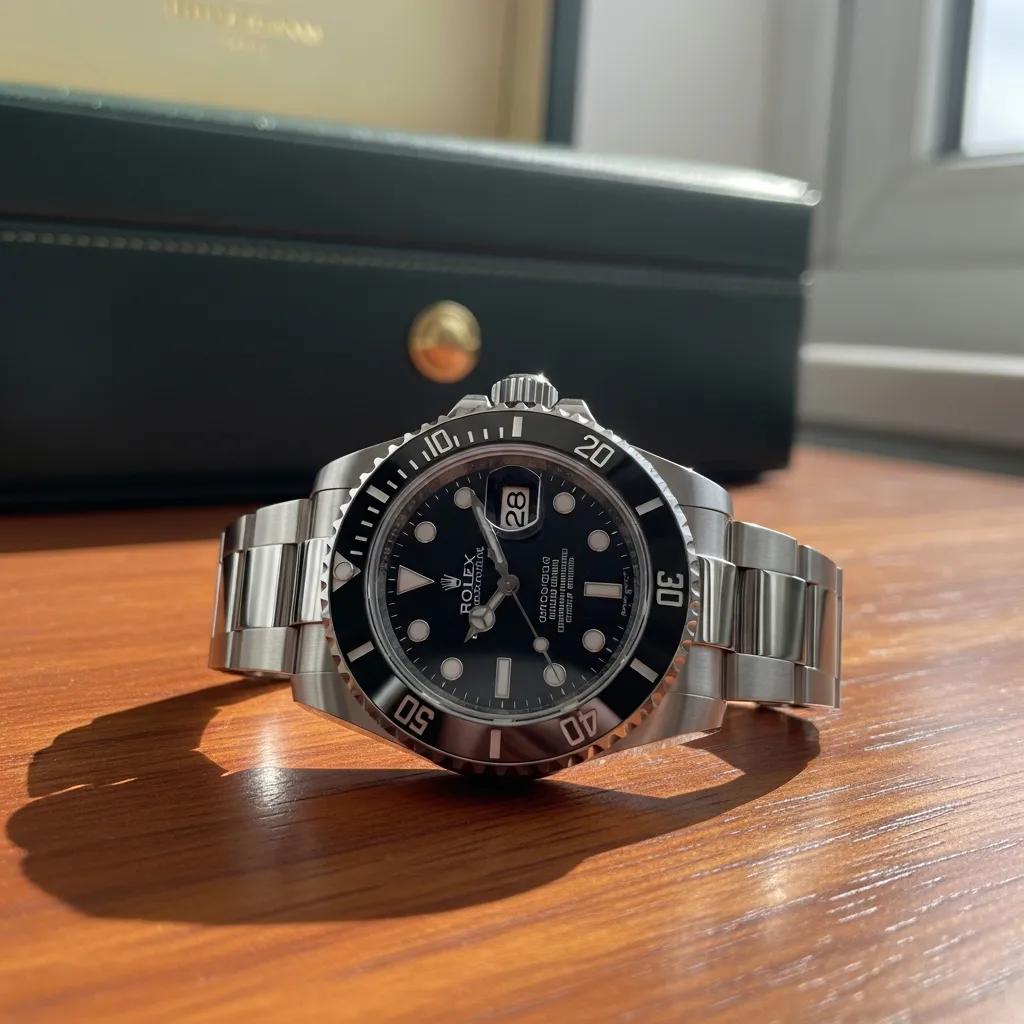 Luxury Rolex Submariner watch on a wooden surface, showcasing its craftsmanship and design