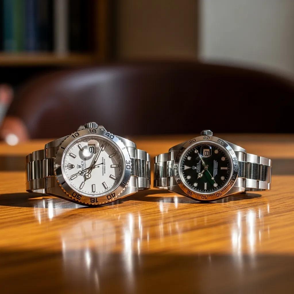 Luxury Rolex watch and replica side by side on a table, showcasing their similarities