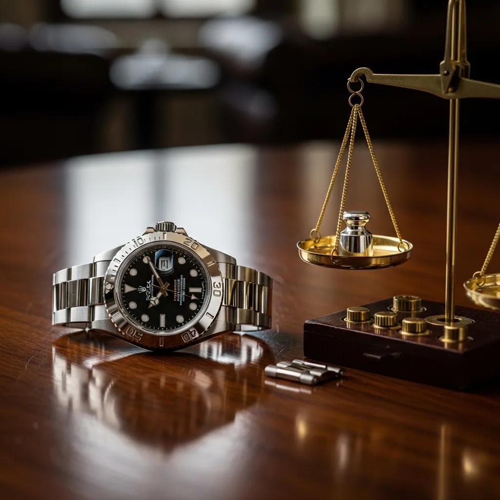 Luxury Rolex watch and scale representing the fake Rolex weight test