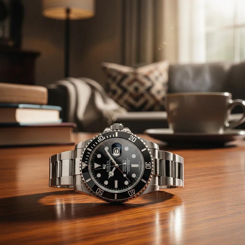 Luxury Rolex watch displayed on a wooden table, highlighting craftsmanship and allure