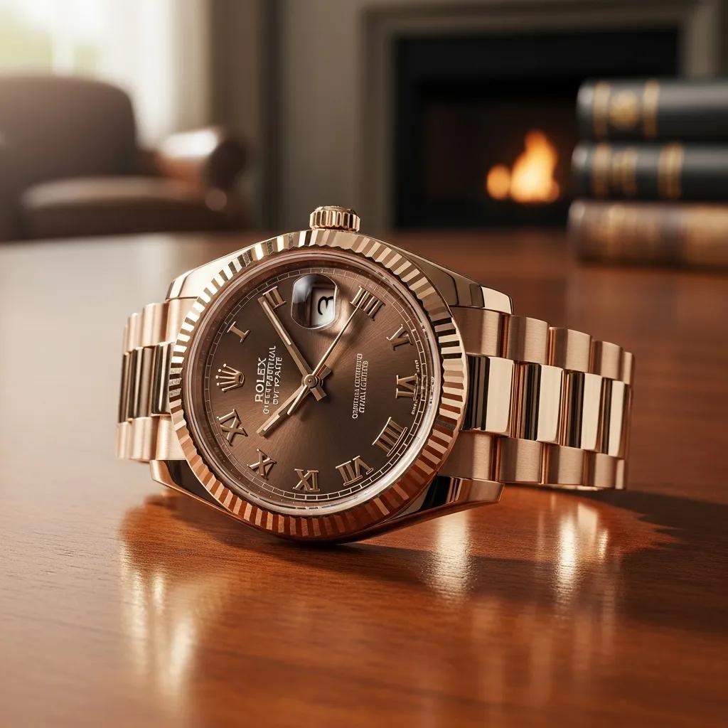 Luxury Rolex watch on a wooden table, emphasizing authenticity and craftsmanship