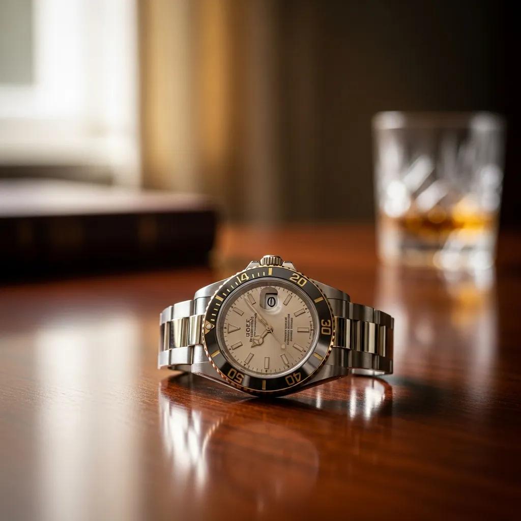 Luxury Rolex watch on a wooden table, emphasizing authenticity and elegance