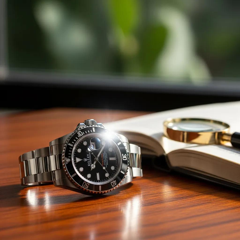 Luxury Rolex watch on a wooden table, emphasizing authenticity and value