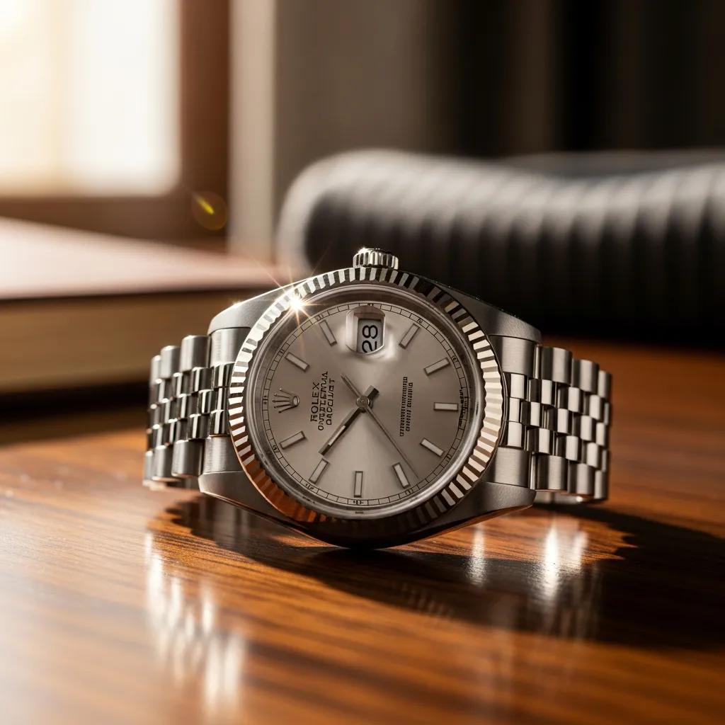 Luxury Rolex watch on a wooden table, highlighting its elegance and craftsmanship