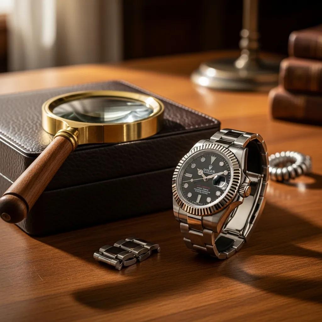 Luxury Rolex watch on a wooden table with a magnifying glass and leather box, emphasizing authenticity