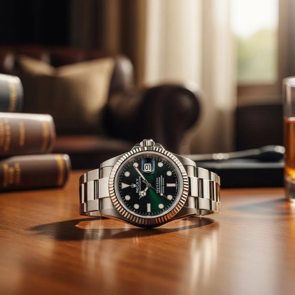 Luxury Rolex watch on a wooden table with soft lighting