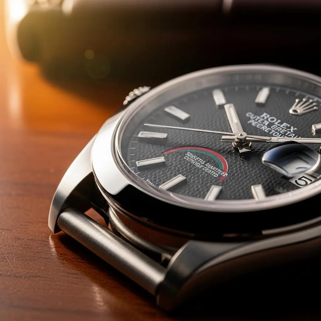Luxury Rolex watch with a smooth sweeping second hand, emphasizing authenticity