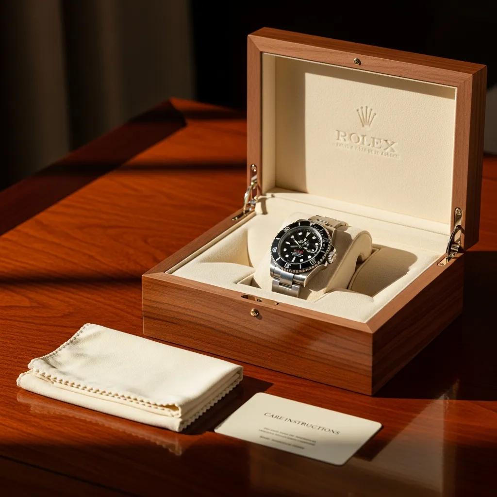 Luxury watch box with a fake Rolex and care instructions, emphasizing aftercare and maintenance