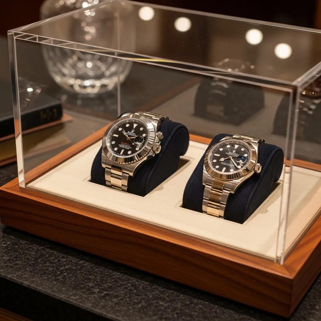 Luxury watches including a genuine Rolex and a high-quality replica displayed elegantly