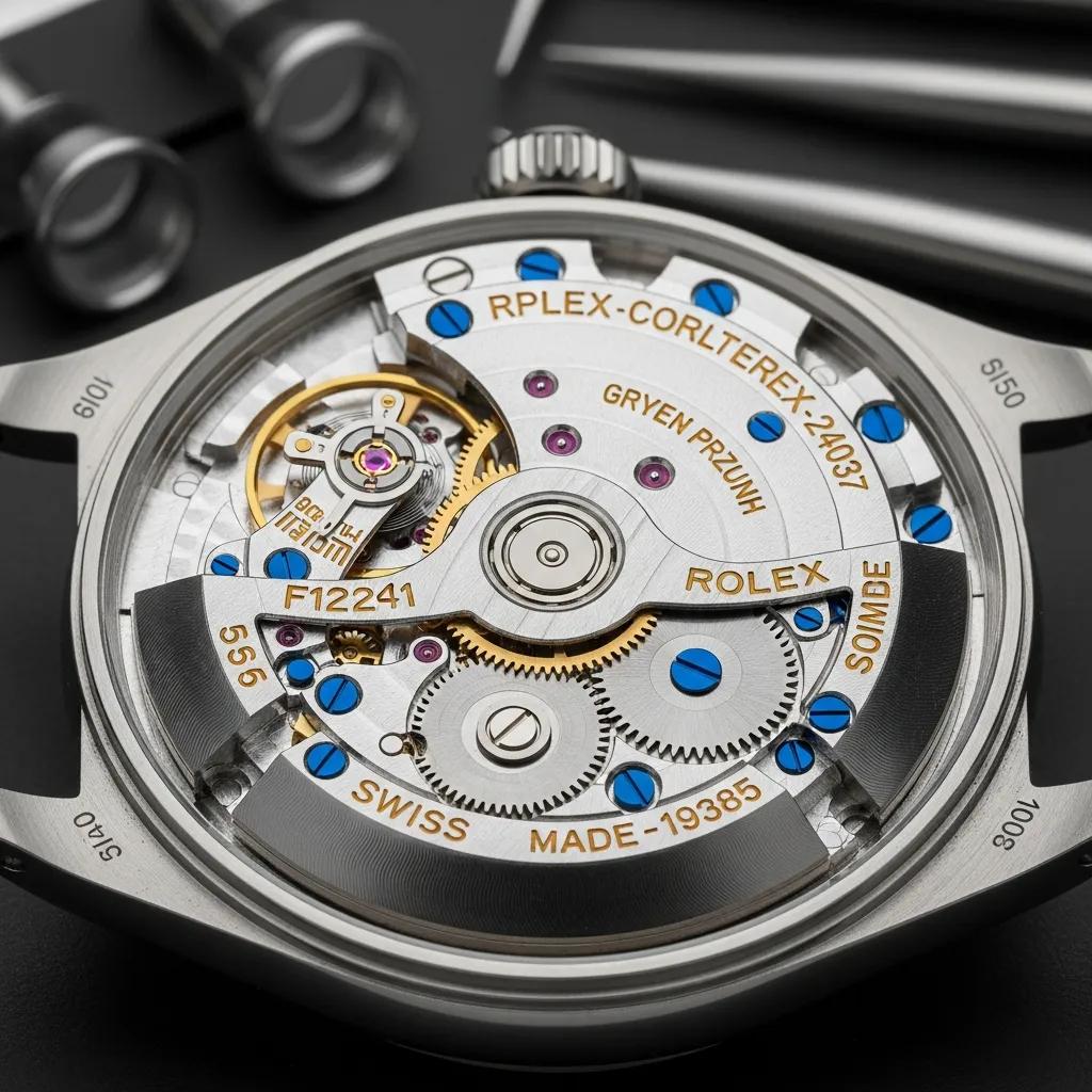 Open case back of a Rolex watch, showcasing intricate movement details and craftsmanship