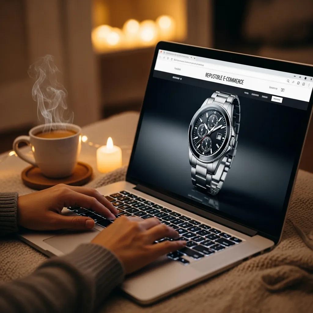 Person browsing a reputable e-commerce site for affordable replica watches on a laptop