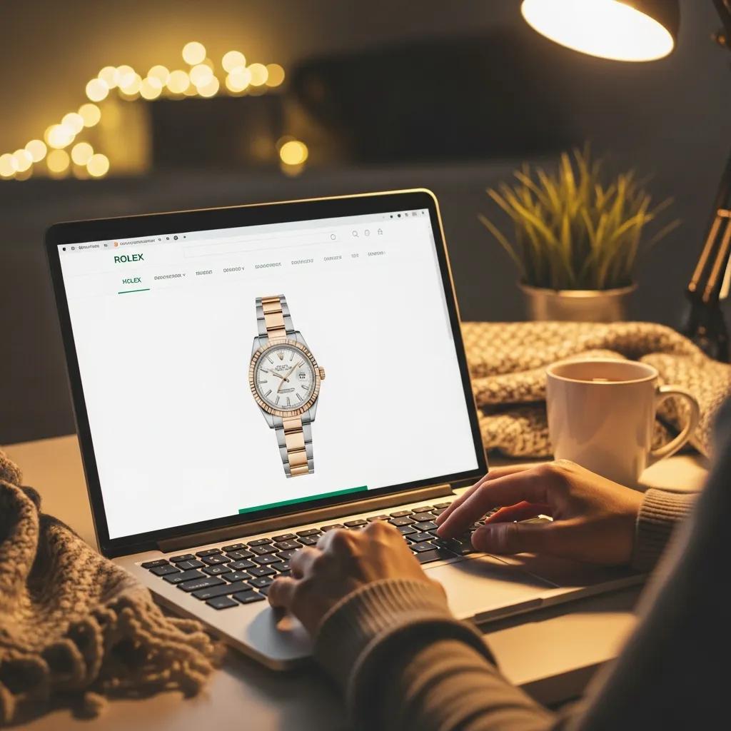 Person browsing a reputable e-commerce website for fake Rolex watches on a laptop