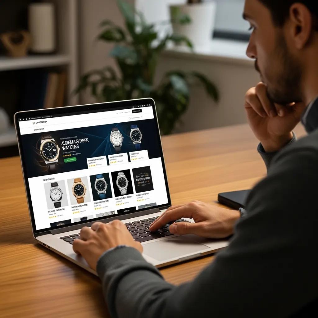 Person browsing a reputable online marketplace for luxury watches