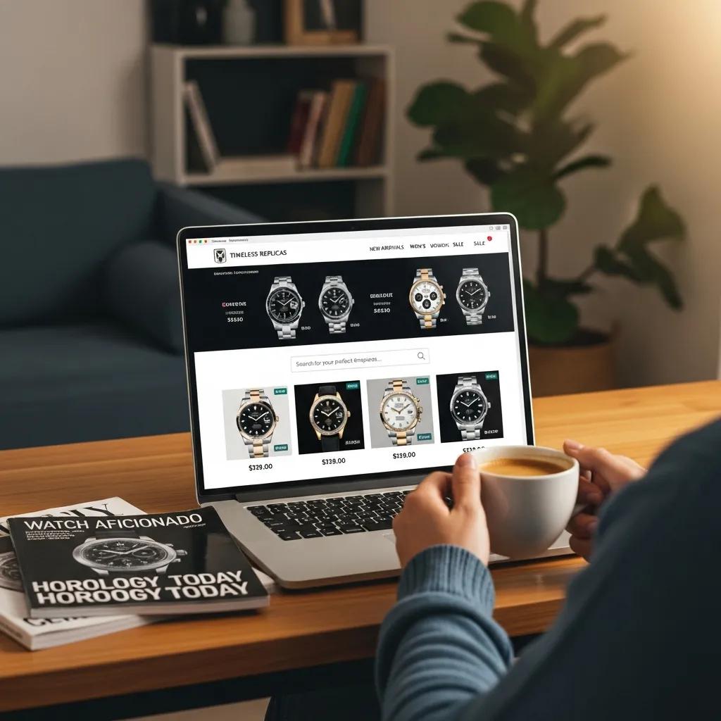Person browsing a reputable online store for Rolex replica watches on a laptop