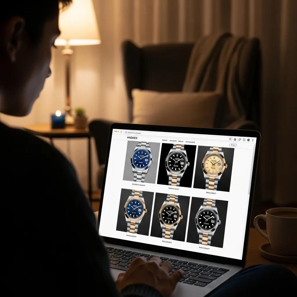 Person browsing online marketplace for luxury replica Rolex Datejust watches