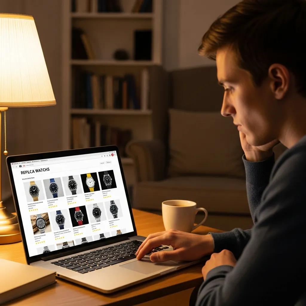 Person browsing trusted online marketplace for replica watches on a laptop