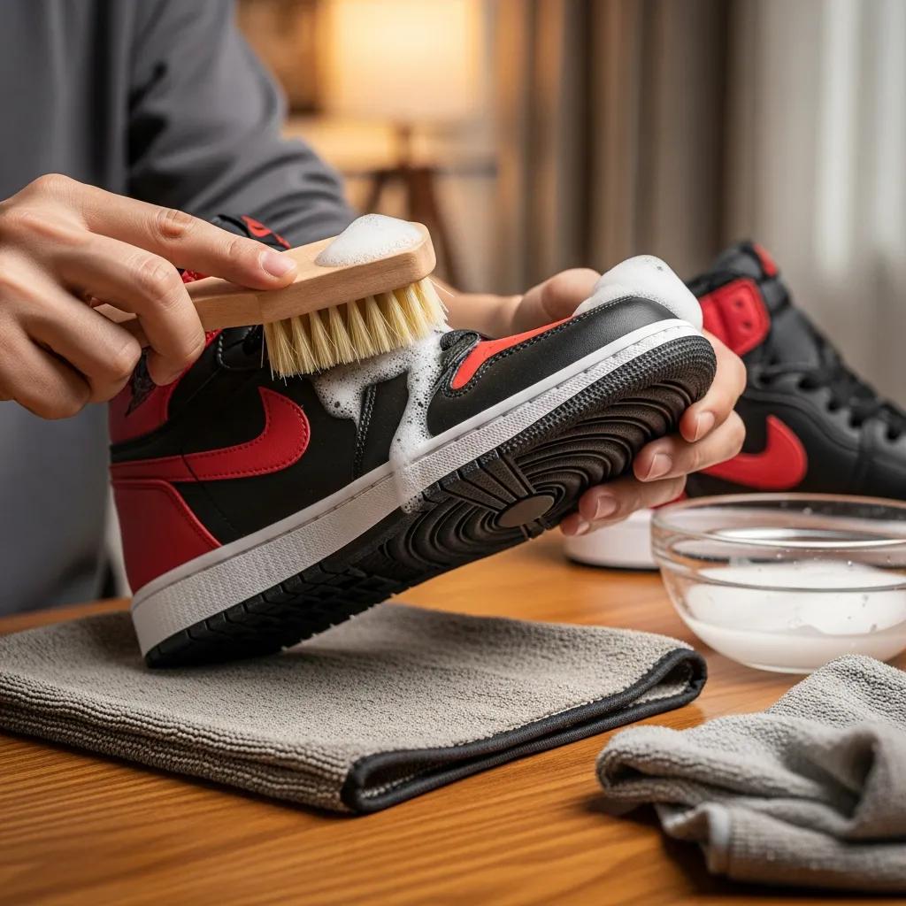 Person cleaning fake AJ1 sneakers demonstrating care and maintenance tips