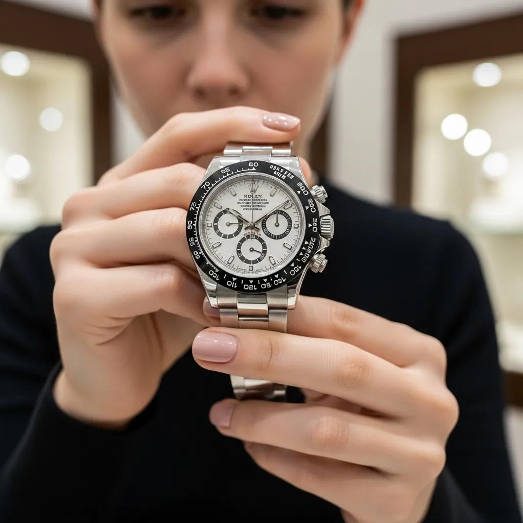 Person examining a Rolex Daytona replica watch, illustrating the buying process and quality assessment