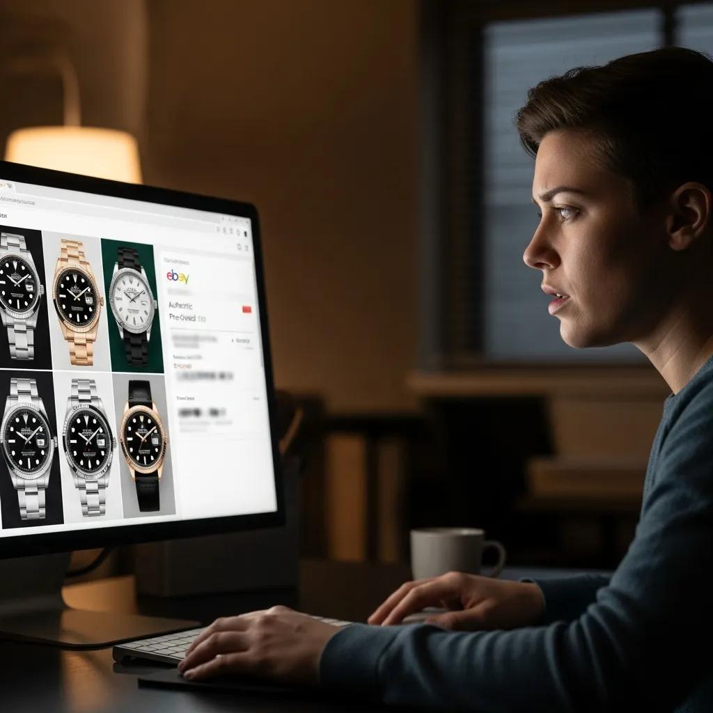 Person examining eBay listings of fake Rolex watches, conveying caution and awareness