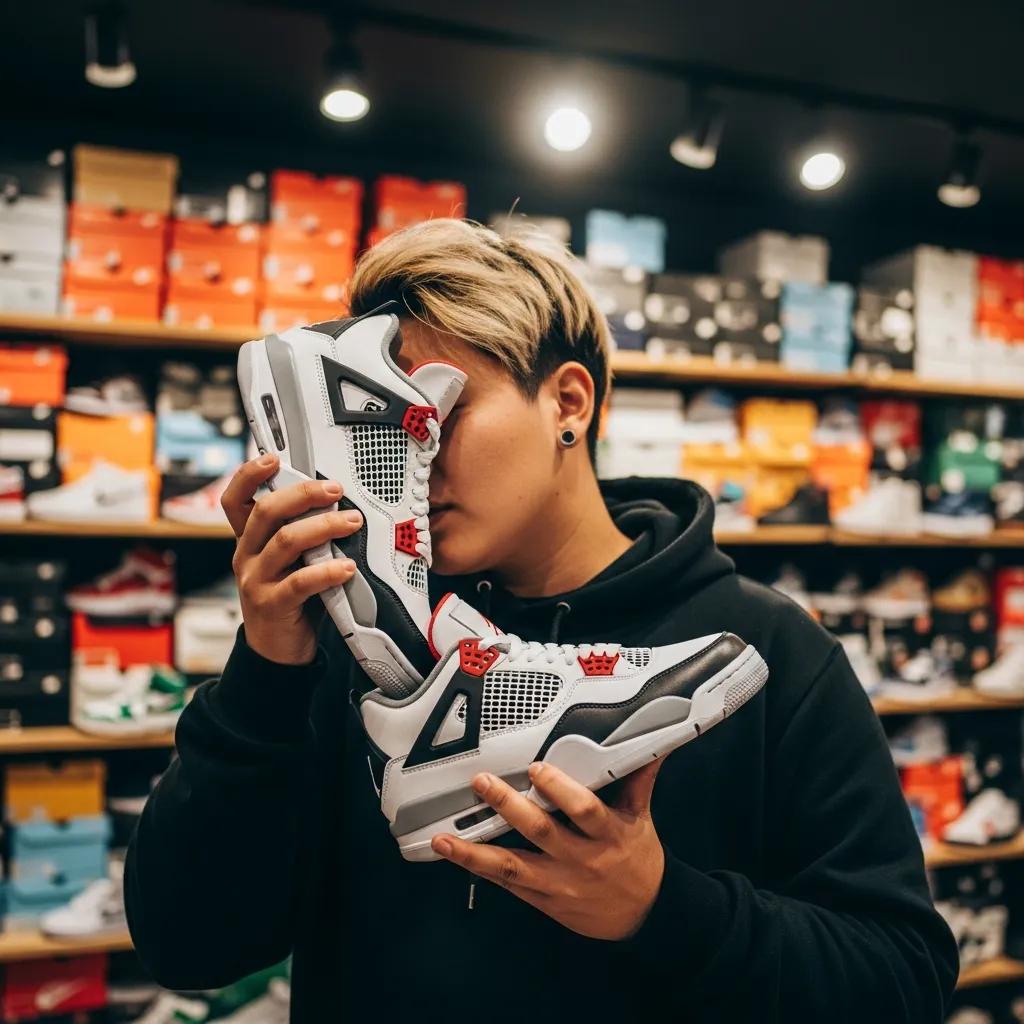 Person examining Jordan 4 replicas in a sneaker store, emphasizing the buying process