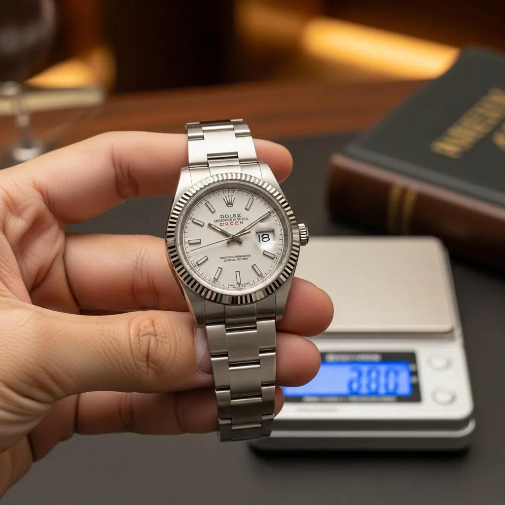 Person holding a Rolex watch, emphasizing weight assessment for authenticity