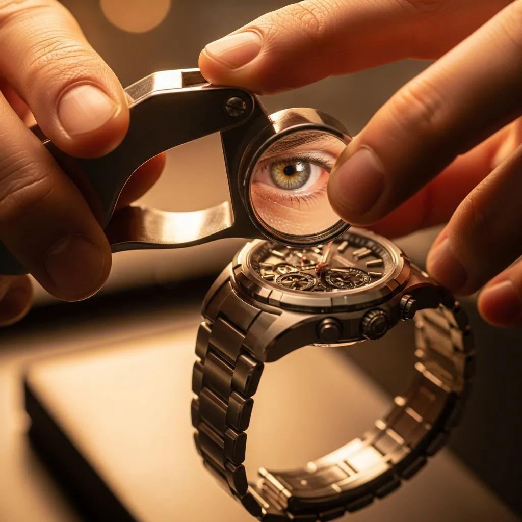 Person inspecting a luxury watch with a jeweler's loupe to verify authenticity