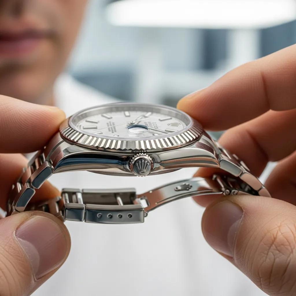 Person inspecting a replica Rolex watch, focusing on quality indicators