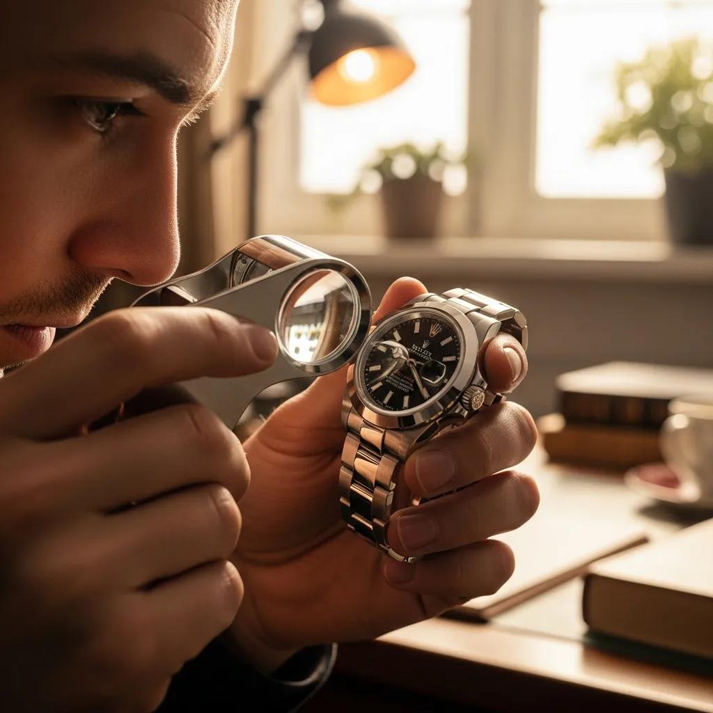 Person inspecting a Rolex watch for authenticity with a magnifying glass
