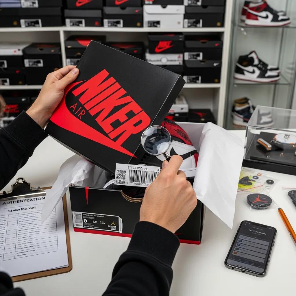 Person inspecting Air Jordans for authenticity, highlighting the authentication process