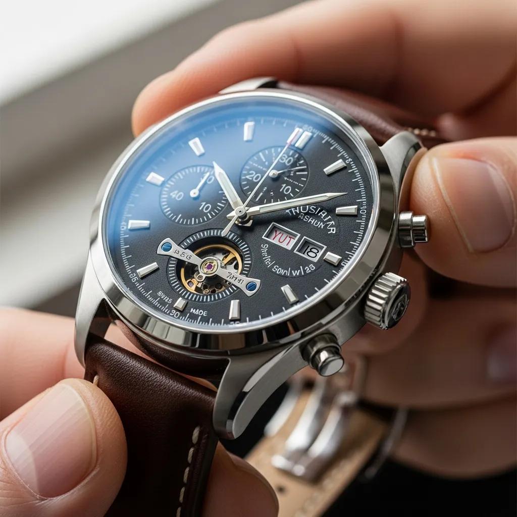 Person inspecting quality of a replica watch