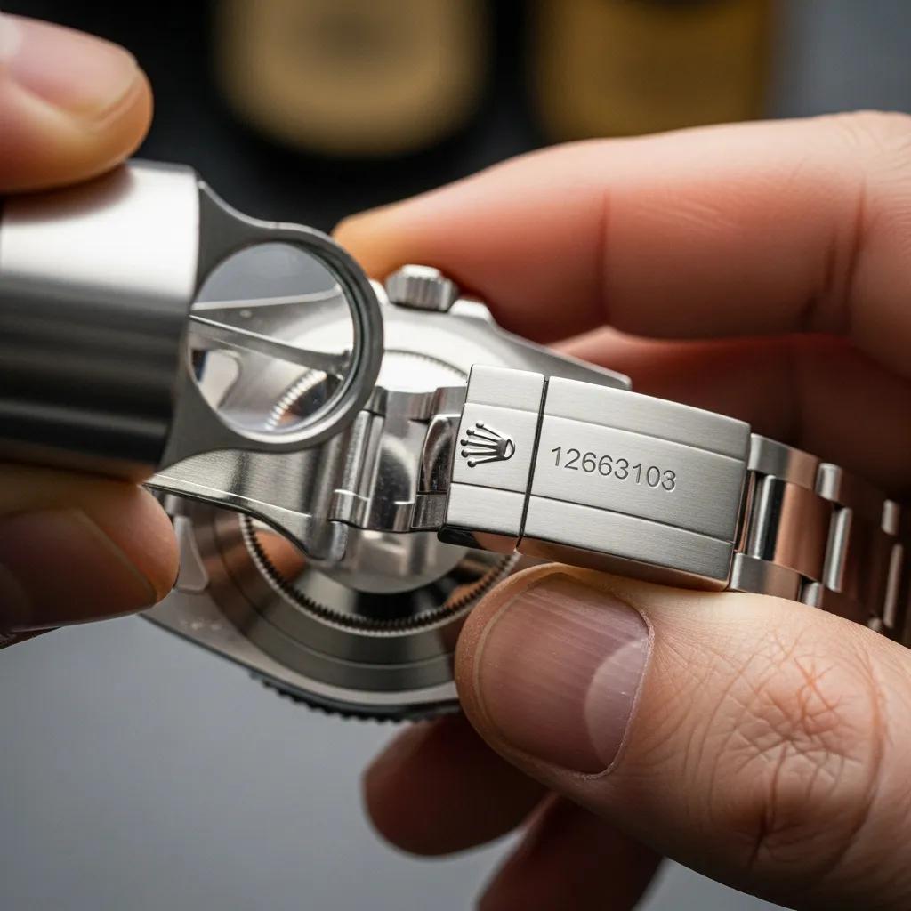 Person inspecting Rolex watch for serial number verification
