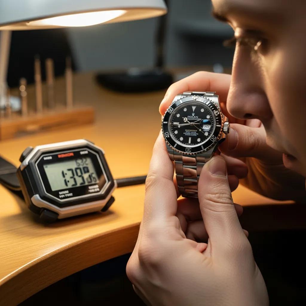 Person performing the Rolex sweep test, observing the second hand's movement