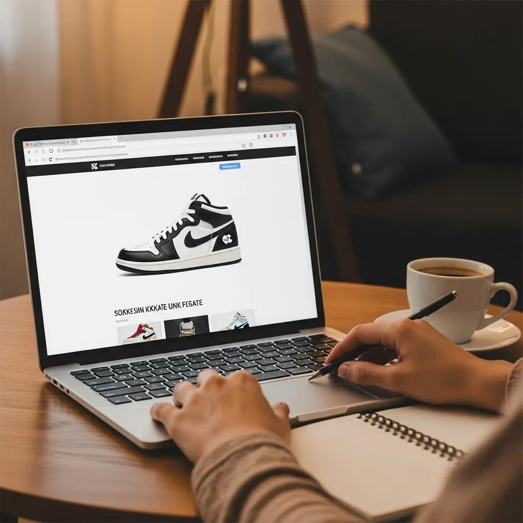 Person researching Jordan 1 Off White UNC replicas on a laptop in a cozy setting, emphasizing the buying process