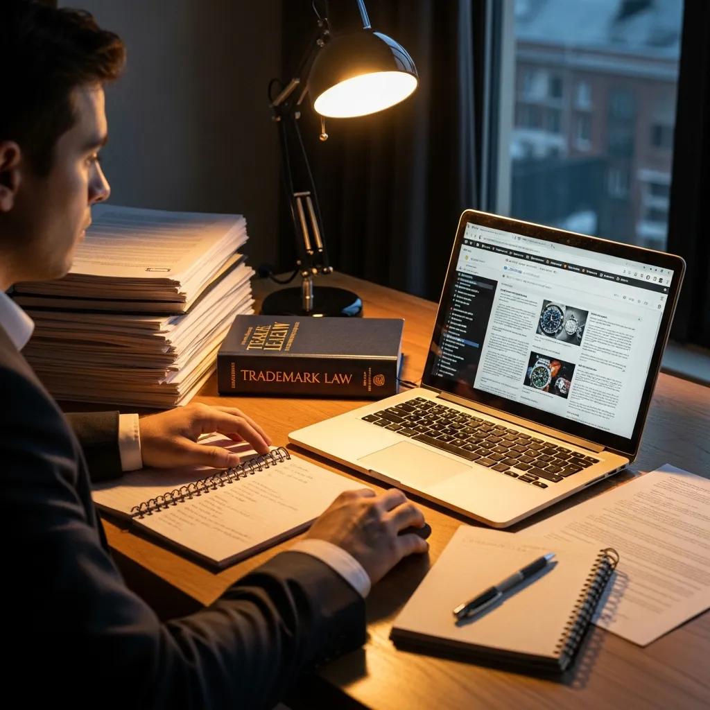 Person researching legal considerations for purchasing replica Rolex watches at a desk with a laptop and documents