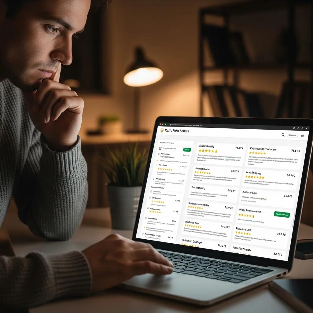 Person researching online reviews for a replica Rolex seller on a laptop