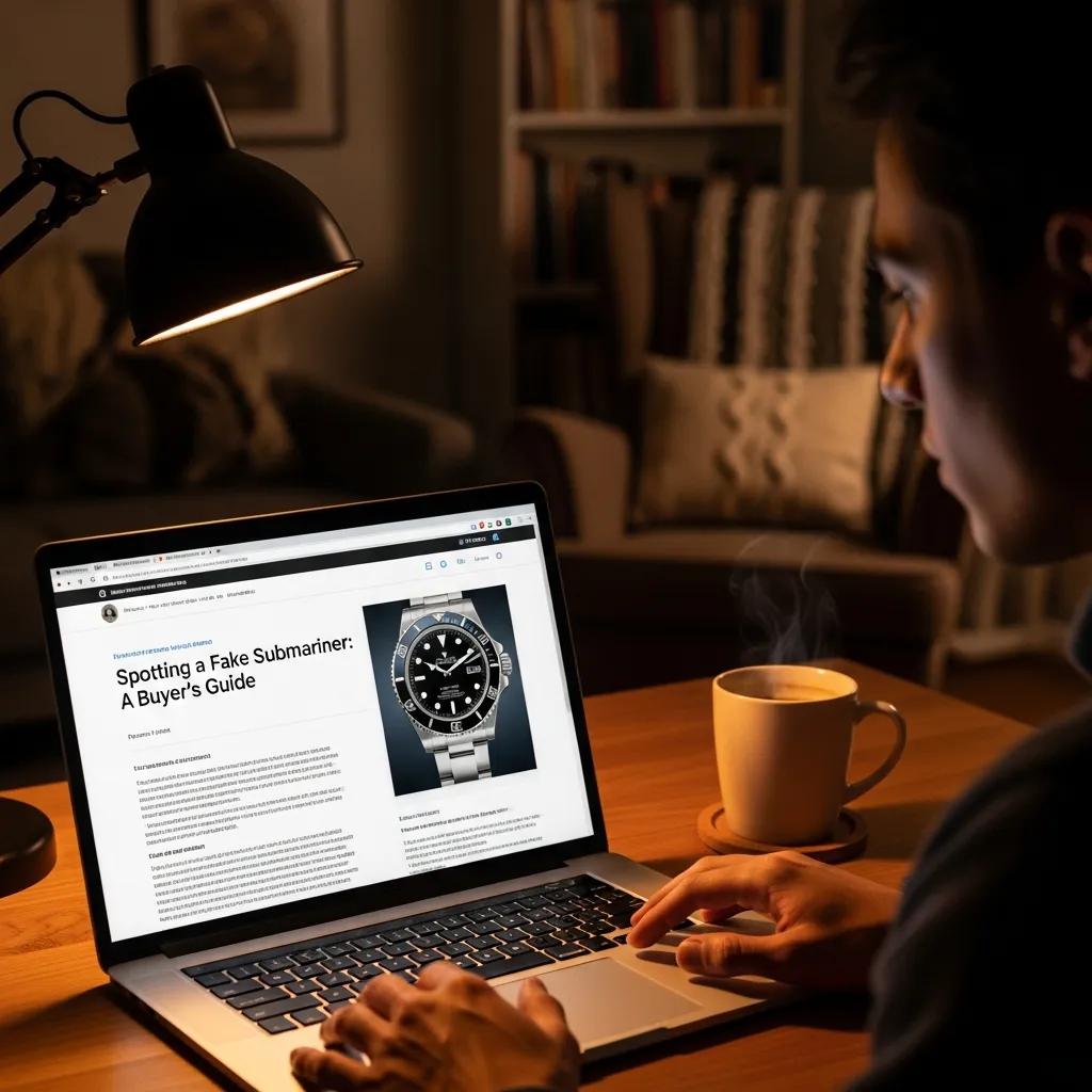 Person researching seller verification for fake Submariner watches on a laptop