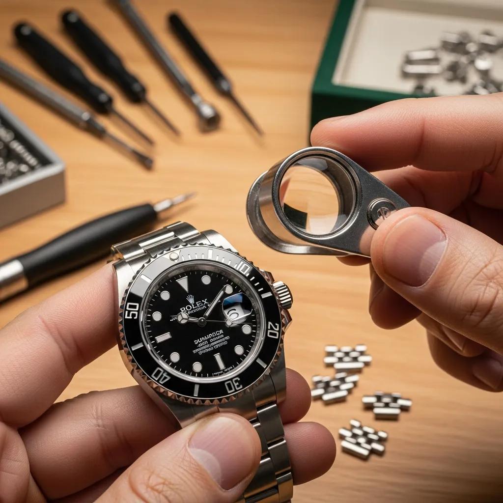 Person using a jeweler's loupe to inspect a Rolex Cyclops lens