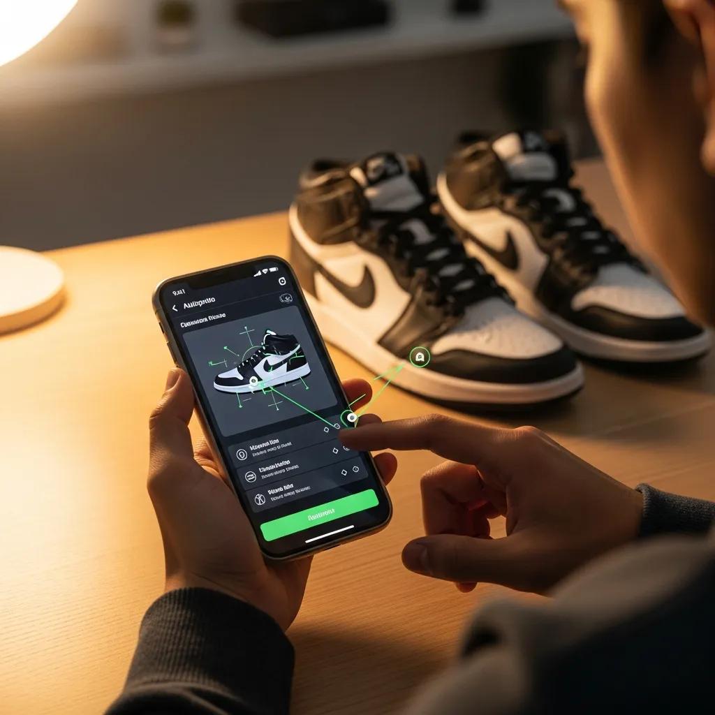Person using a sneaker authentication app with sneakers on a table