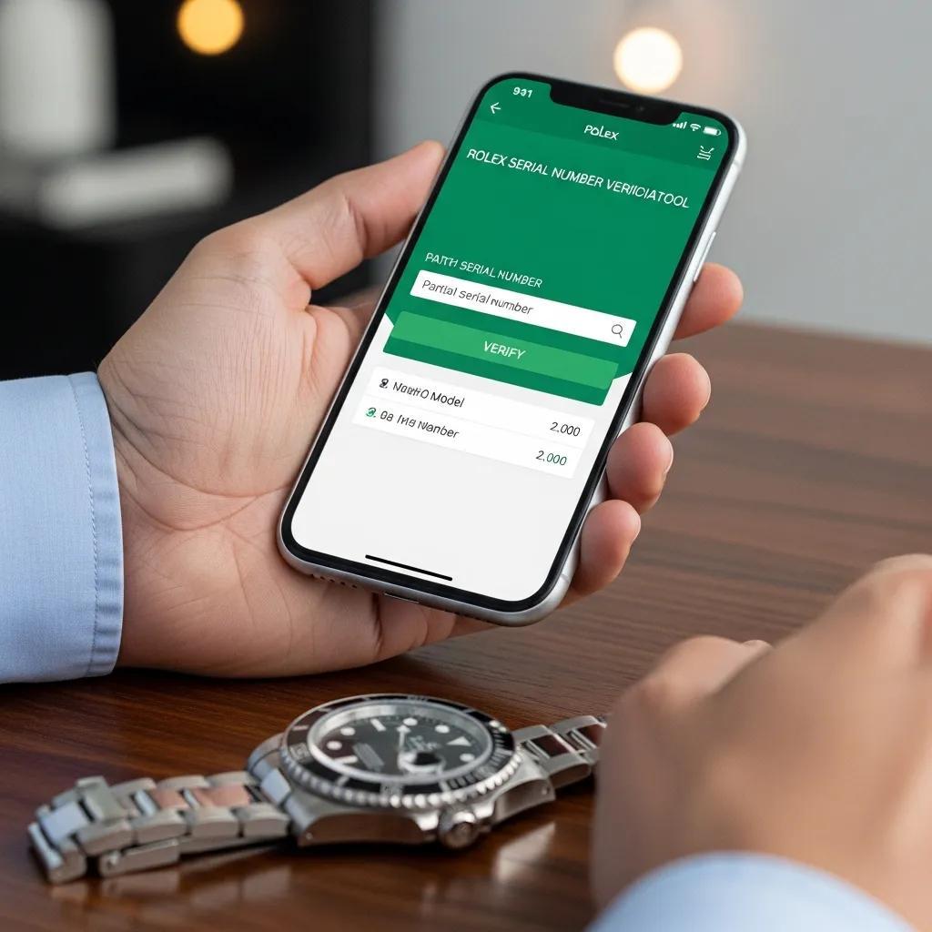 Person using smartphone to verify Rolex serial number online with watch in foreground