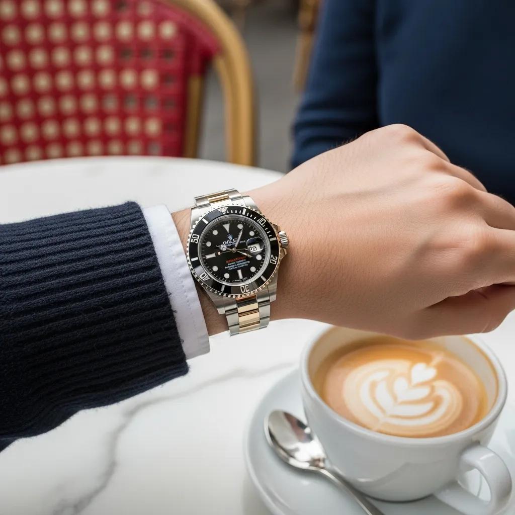 Person wearing a popular luxury replica watch in a stylish café setting, showcasing lifestyle appeal