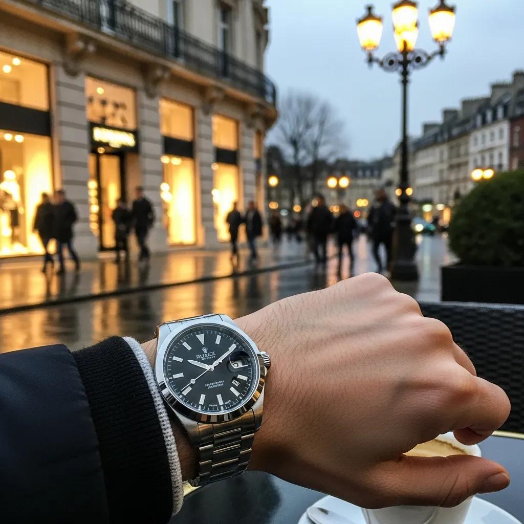 Person wearing a popular luxury replica watch in a stylish urban setting, showcasing elegance