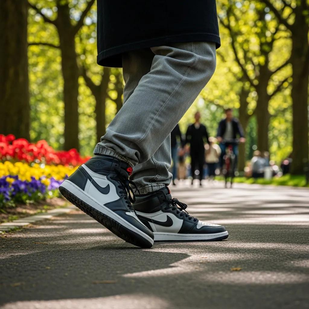 Person wearing Jordan 1 High replica sneakers in a park, highlighting user satisfaction and lifestyle appeal
