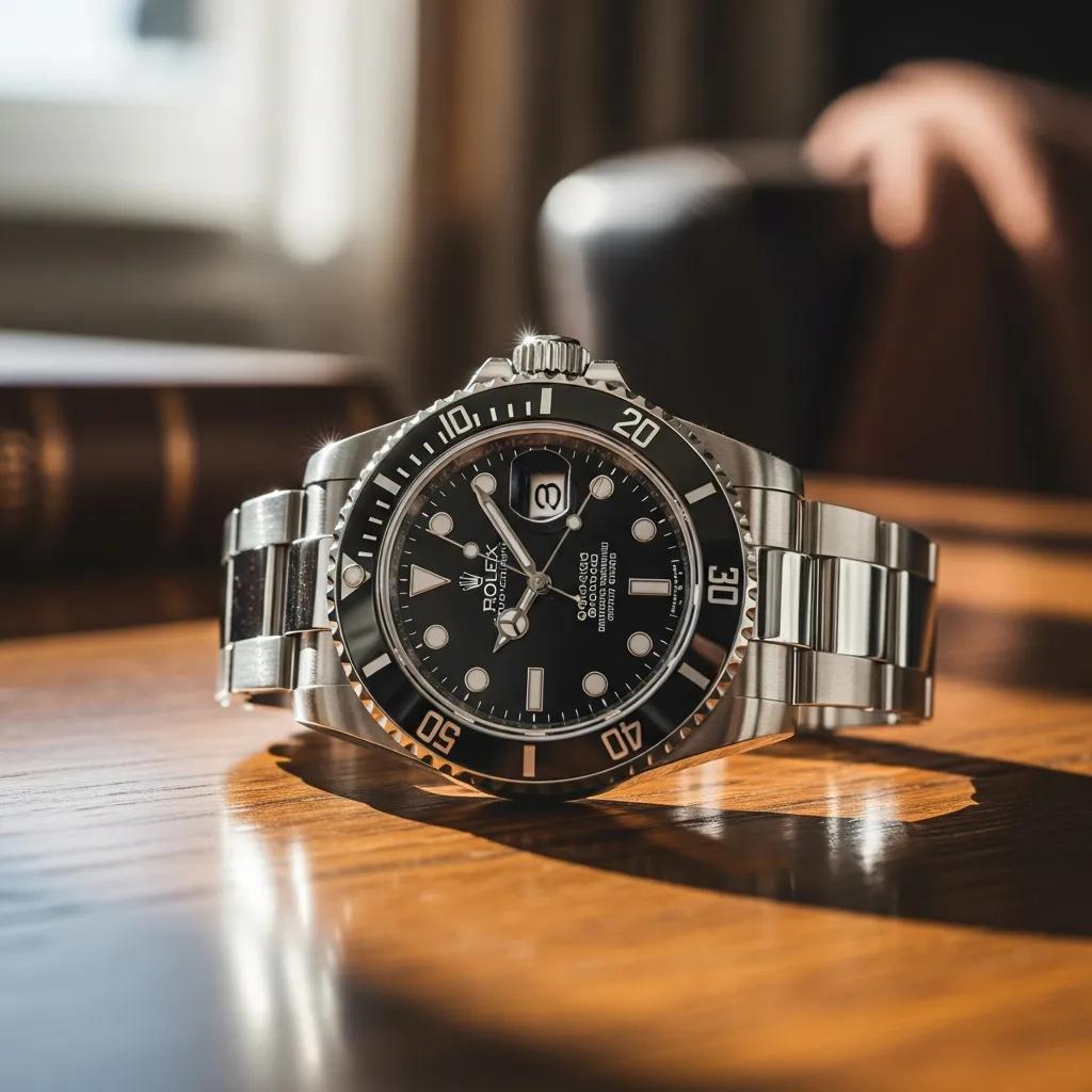 Replica Rolex Submariner watch displayed elegantly on a wooden table, emphasizing luxury and quality