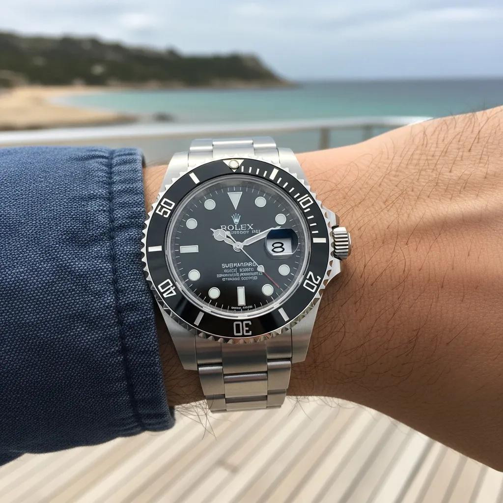 Replica Rolex Submariner worn in a stylish outdoor setting, showcasing its design and functionality