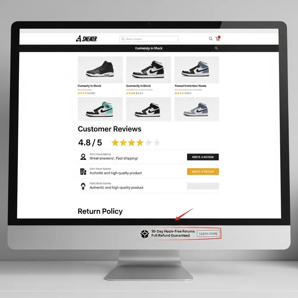Reputable online sneaker seller's website interface showing positive reviews and return policy