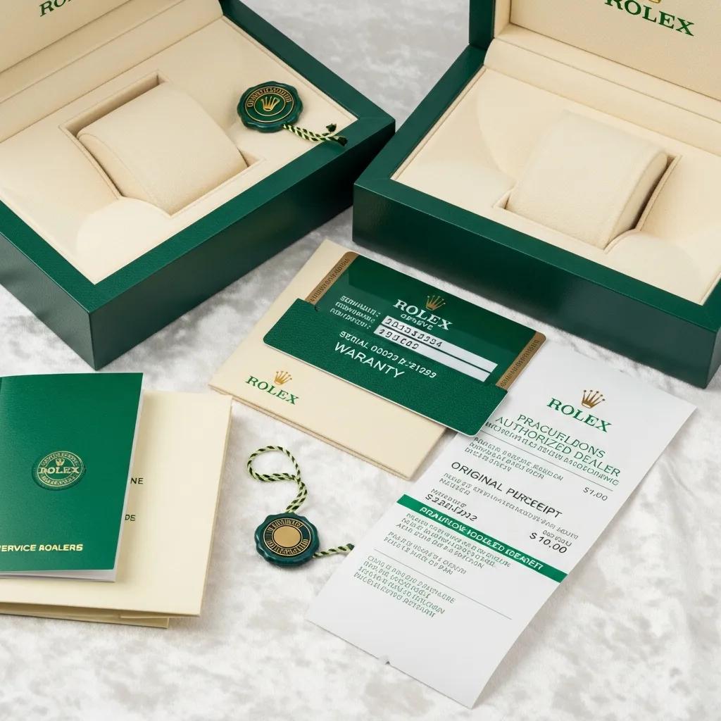 Rolex documentation including warranty card and packaging, emphasizing authenticity