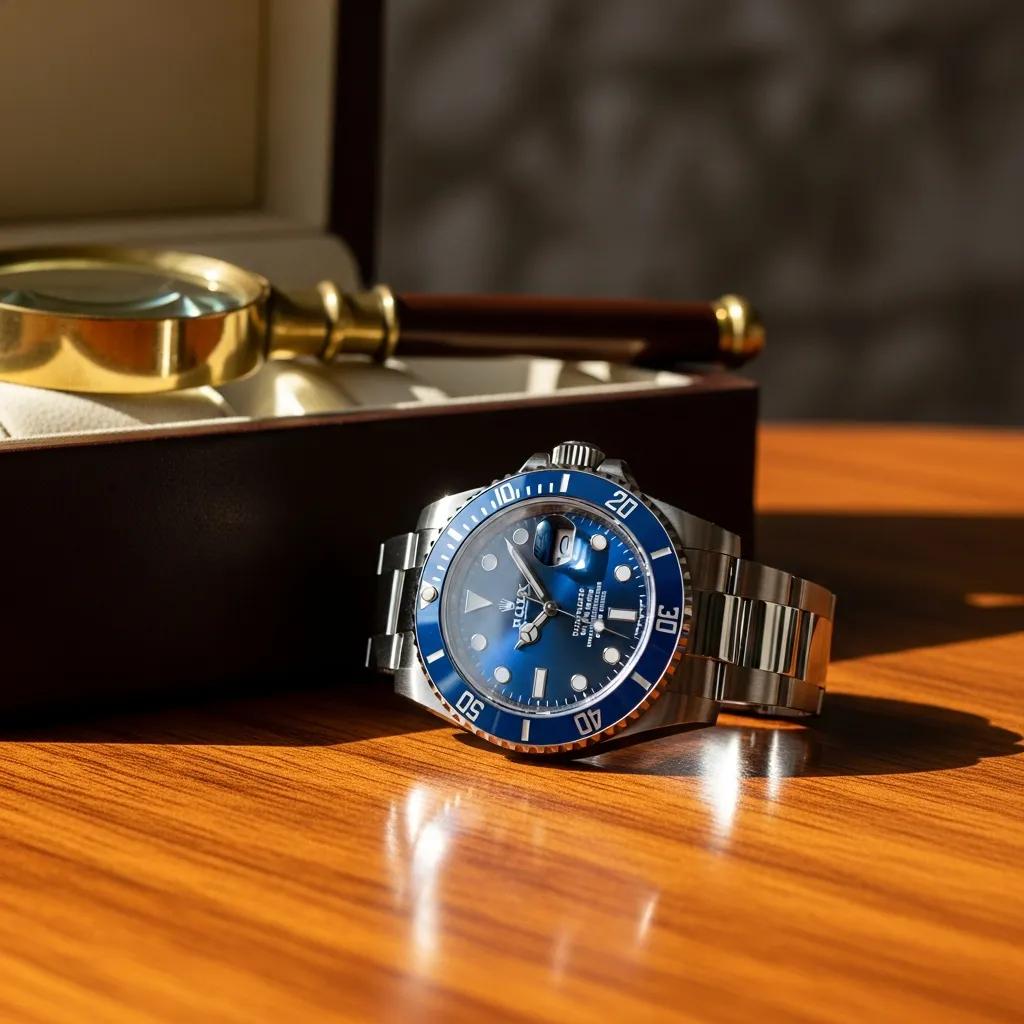 Rolex Submariner Blue watch on a wooden table with a magnifying glass and leather box, symbolizing luxury and authenticity